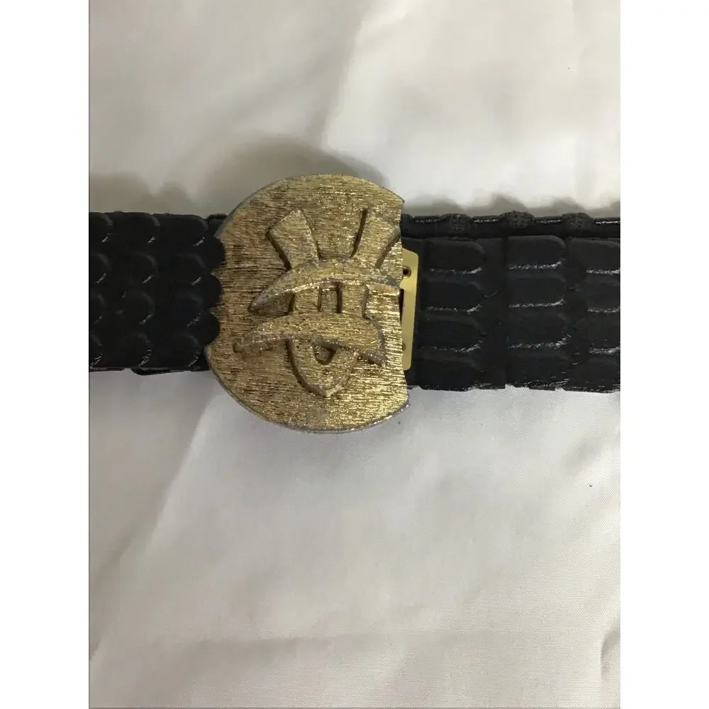 Vintage Belt Black Disco Belt Fish Scale belt with gold Buckle